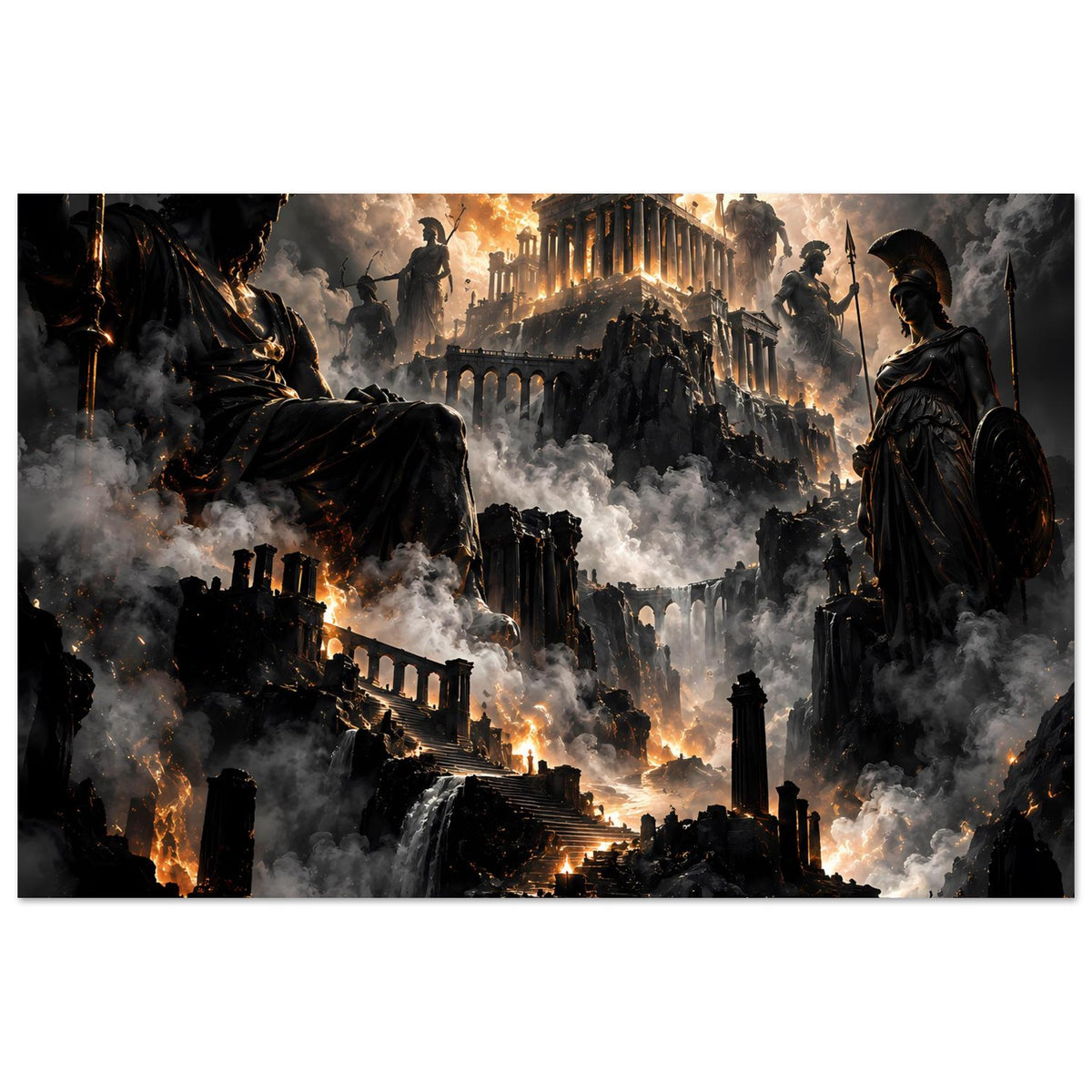 Breites Fantasy-Poster mit gepanzerten Gestalten, brennenden Punkten am Weg und Rauch