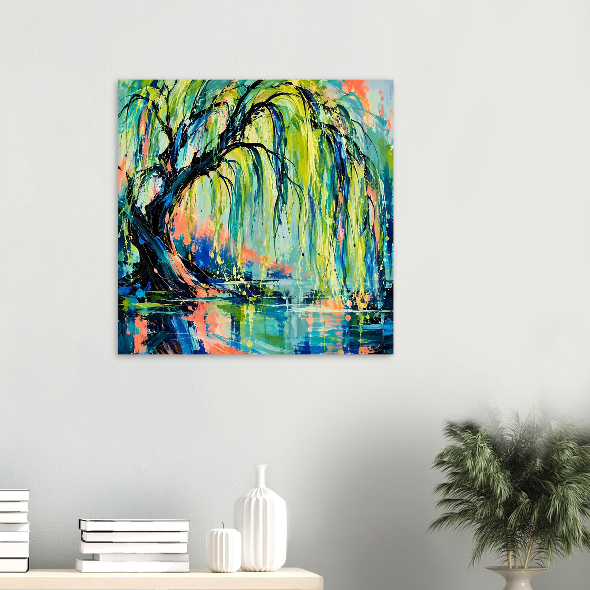 Quadratisches Poster mit abstraktem Baum, grün, blau und orange Farbflecken, reflektierende Fläche