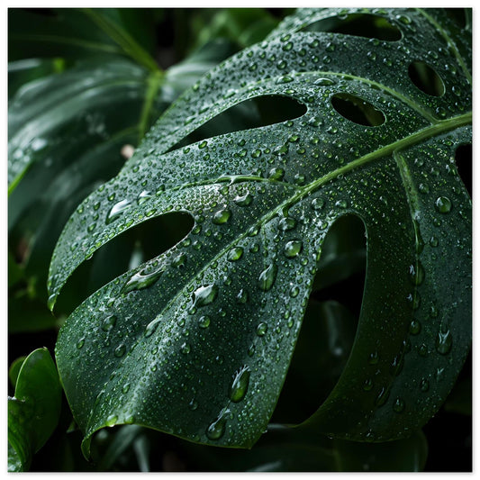 Tropisches Monstera-Blatt Poster mit Tautropfen, Nahaufnahme auf Leinwandoptik