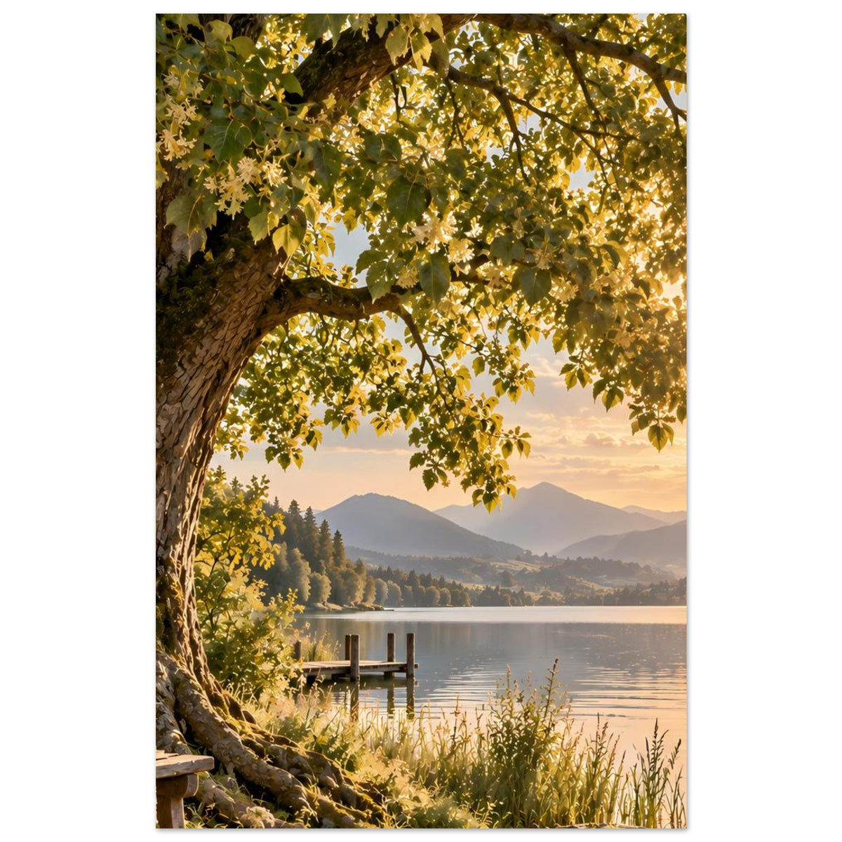 Naturposter mit Baumkrone über See, Steg und Berglandschaft im goldenen Abendlicht