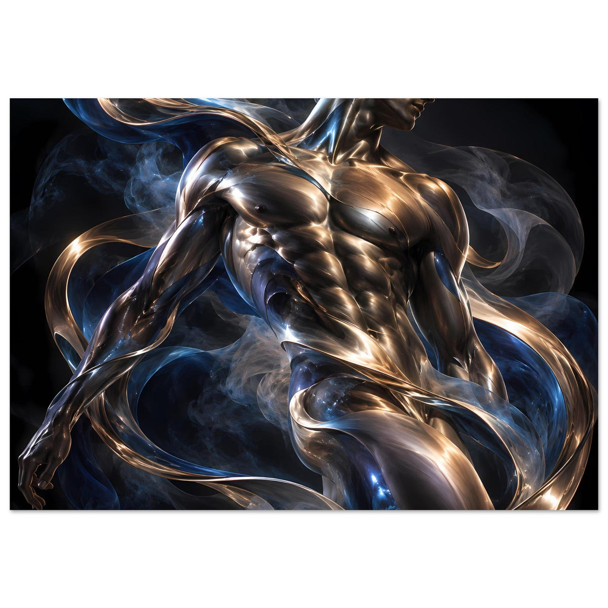 Kunstposter, horizontales Format: muskulöse Figur in Bronze und Silber mit blauen Nebelschwaden