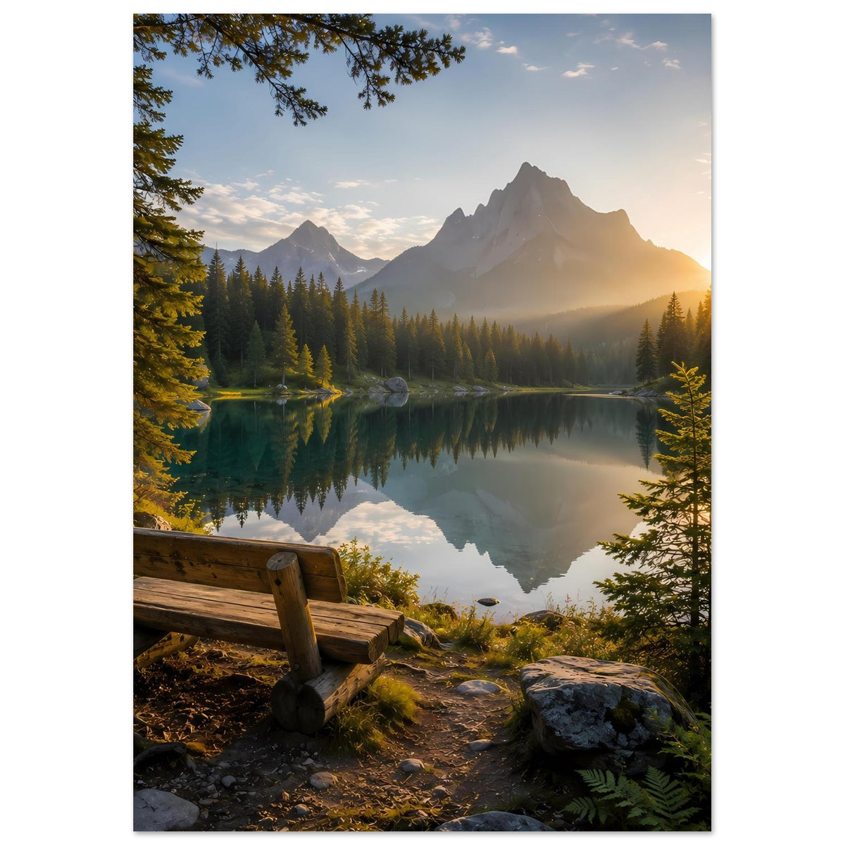 Poster mit Bergsee-Szene, spiegelndem Wasser und Bergspitzen im Dunst