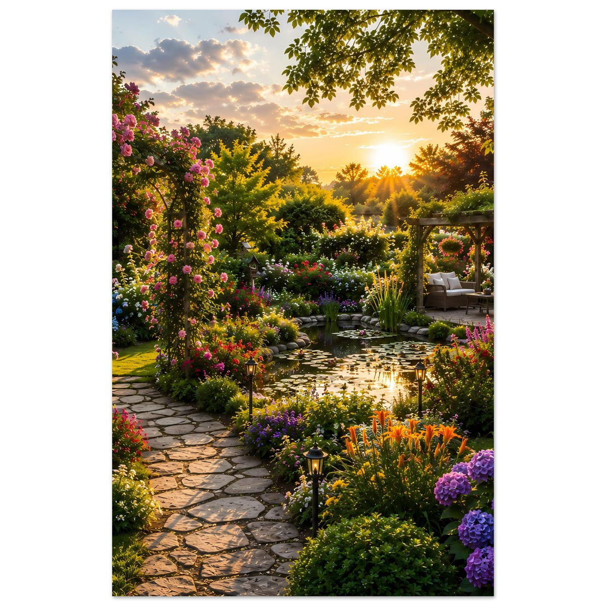 Poster mit Gartenmotiv, vertikal: Steinweg, bunte Blumenbeete und goldene Abendsonne