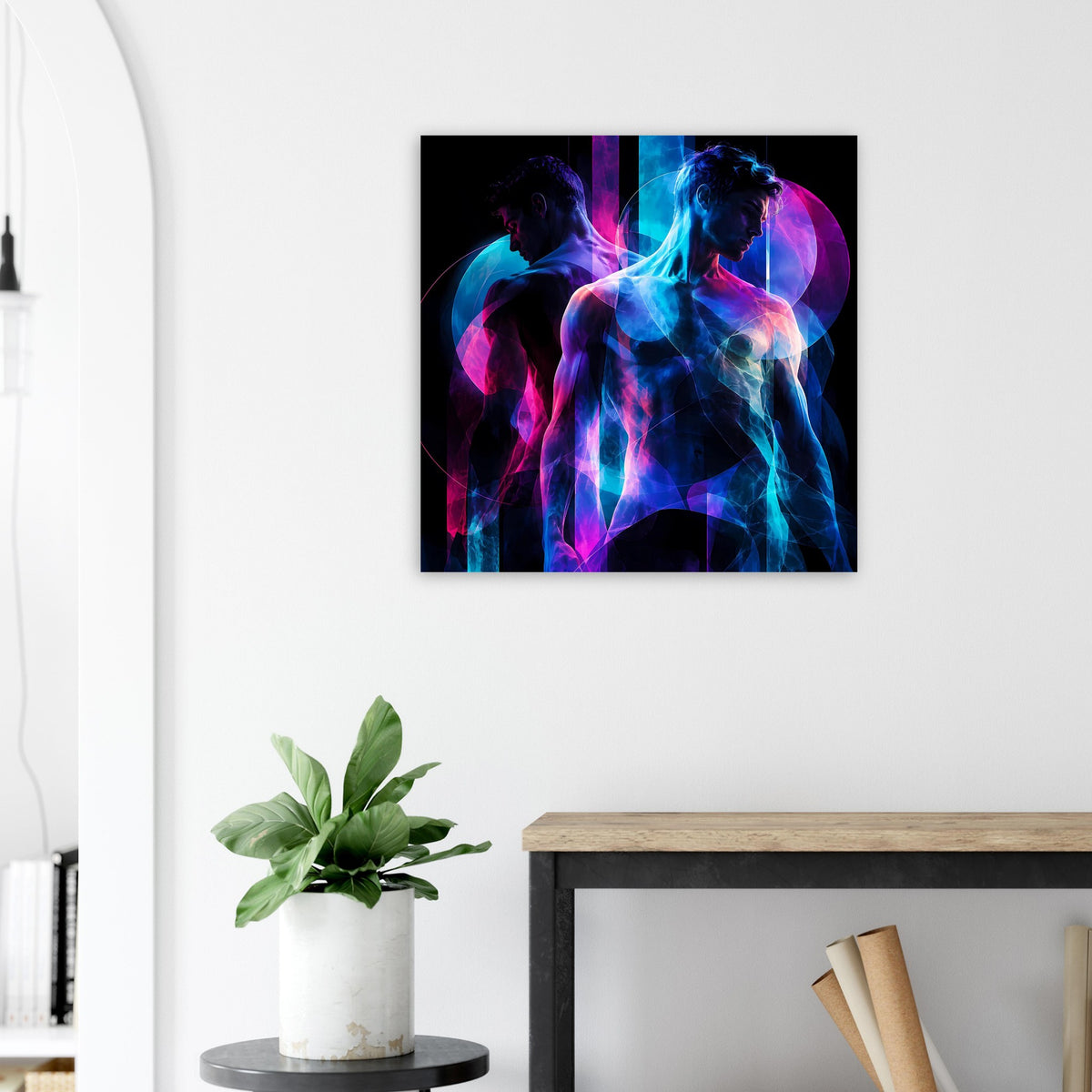 Rechteckiges Kunstposter mit Neonabstraktion: zwei Figuren in Blau und Pink auf schwarzem Grund