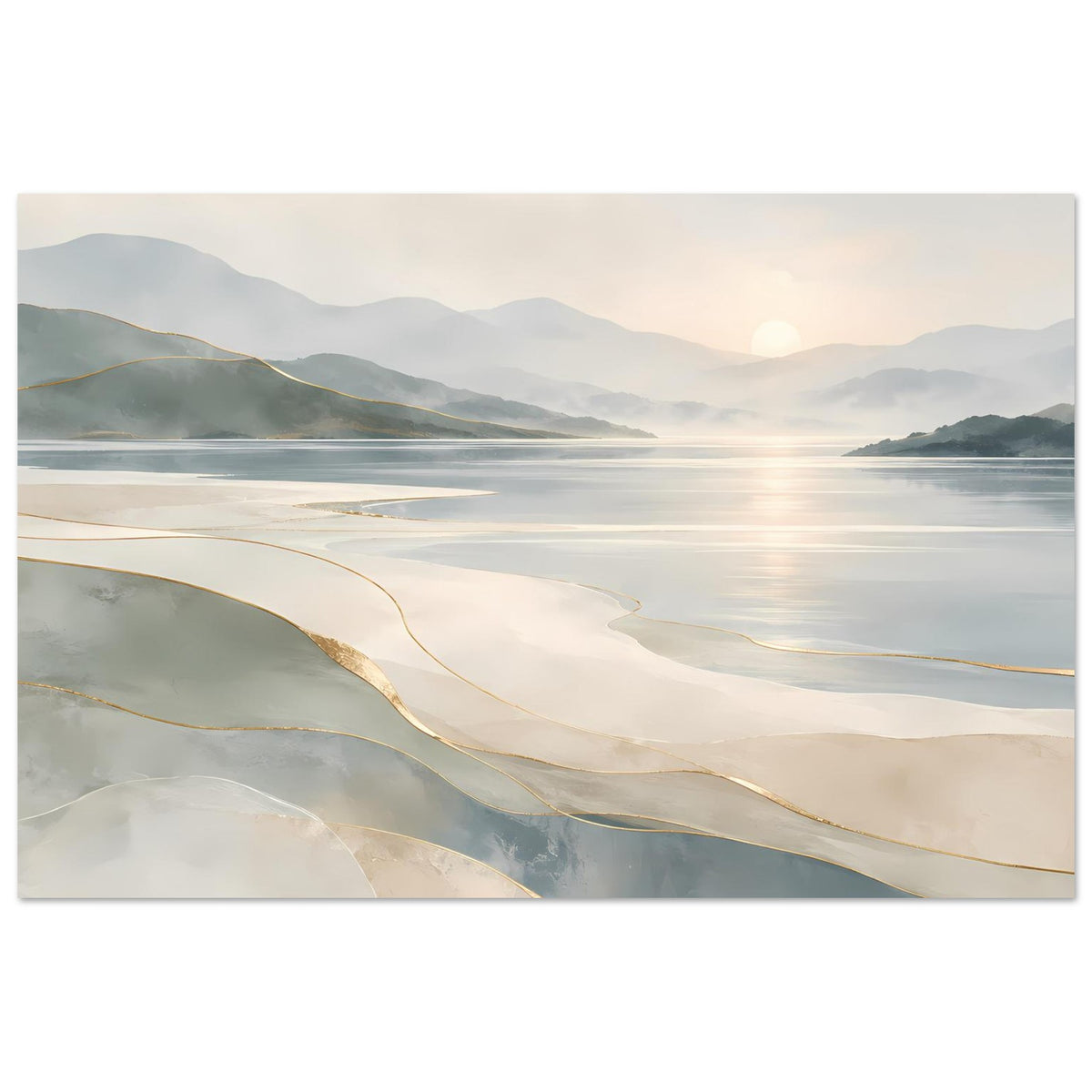 Poster mit Küstenlandschaft und Sonnenmotiv, Beige-Grau, Akzentlinien in Gold