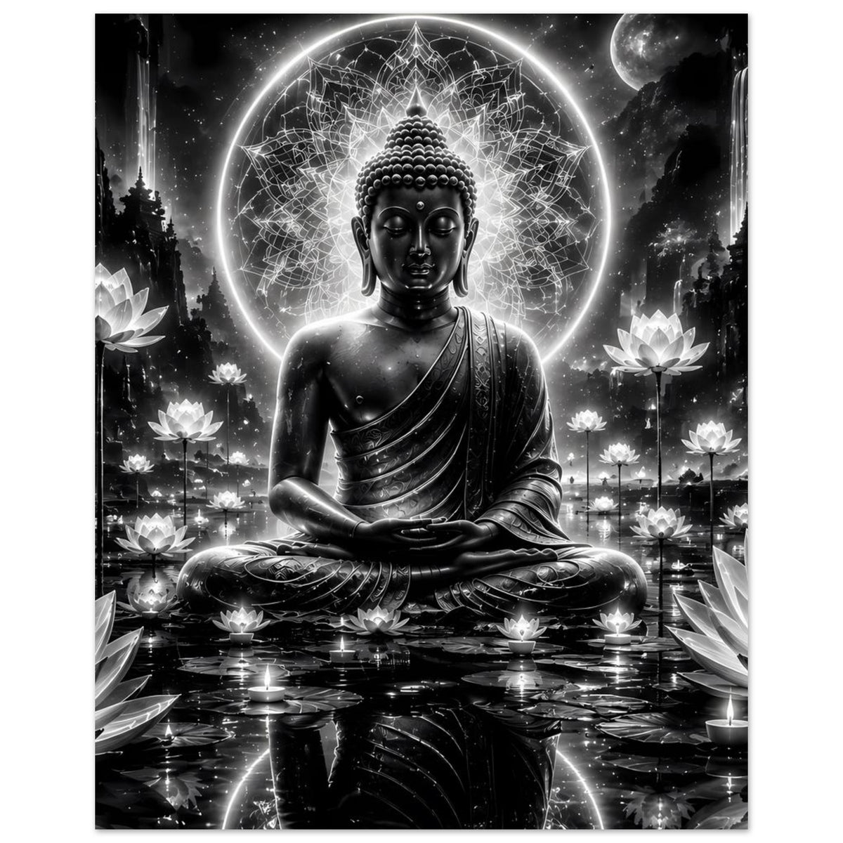 Poster mit Buddha im Meditationssitz, Halo-Umkreis und Lotusblüten, schwarz-weiß