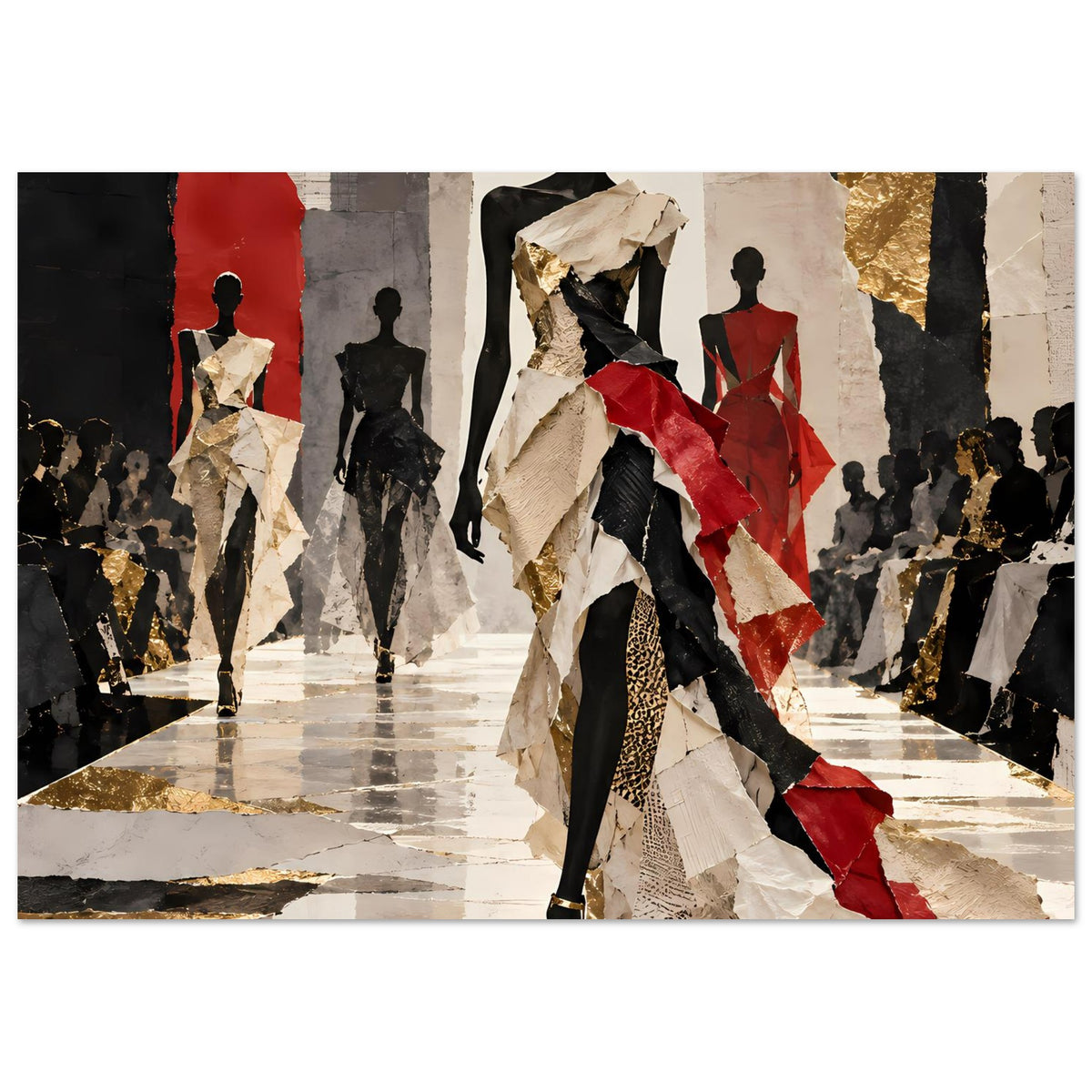 Fashion-Runway-Poster mit vorderem Model, roten und goldenen Farbfeldern sowie Silhouetten