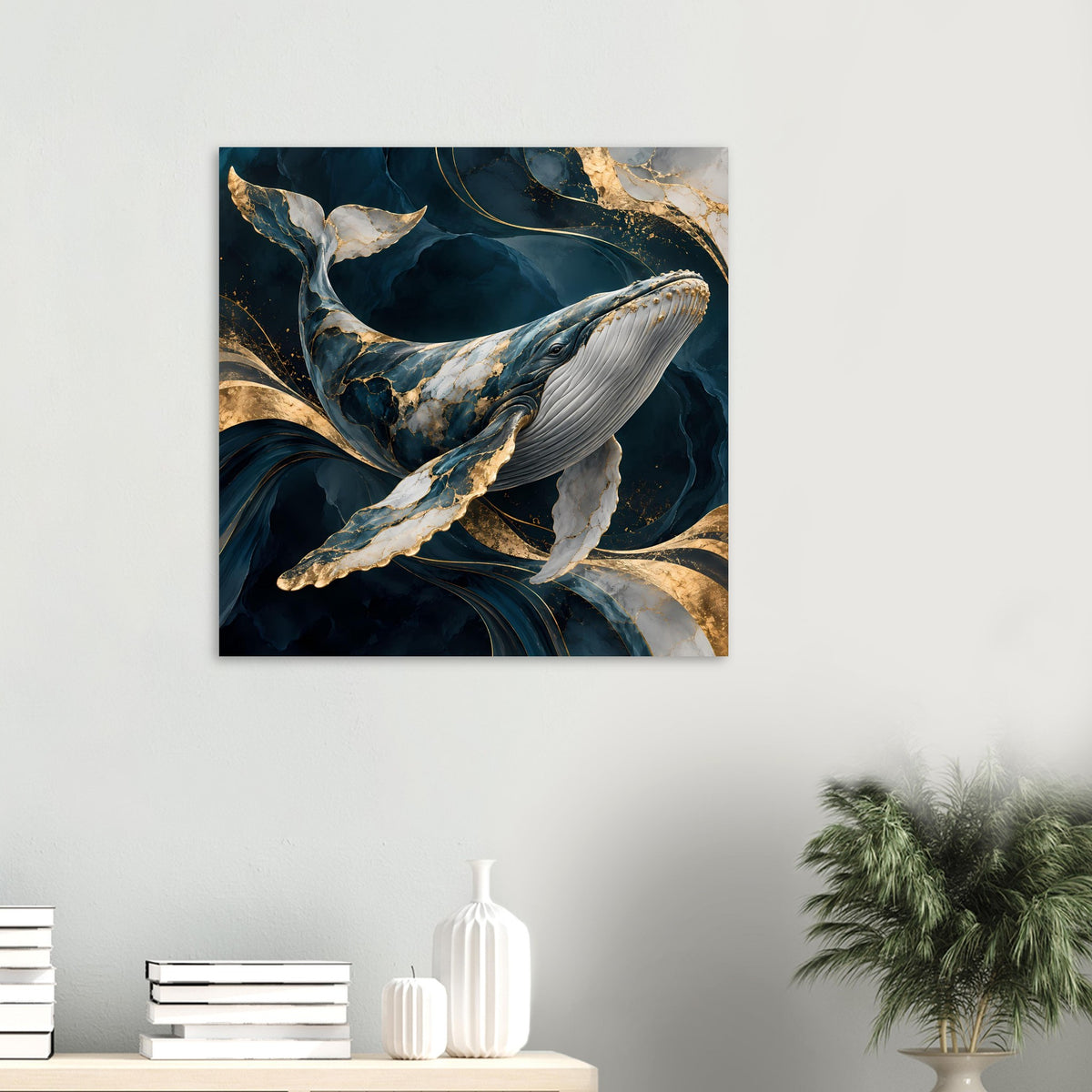 Kleines Wandposter im Querformat: Walgemälde in Blau, Weiß und Gold