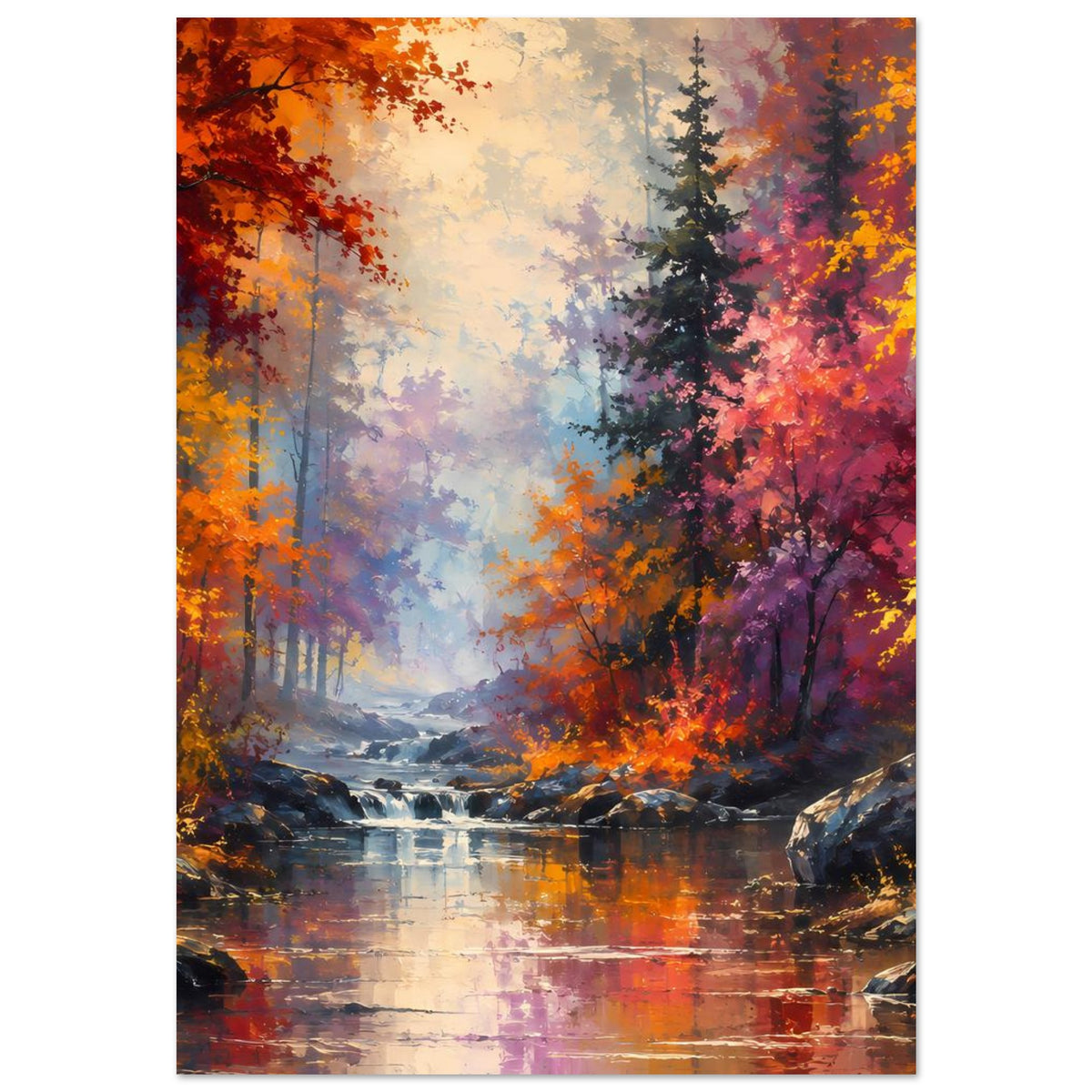 Hochformatiges Poster: Herbstbäume, Waldweg mit Wasserfall im Tal, spiegelndes Flusswasser