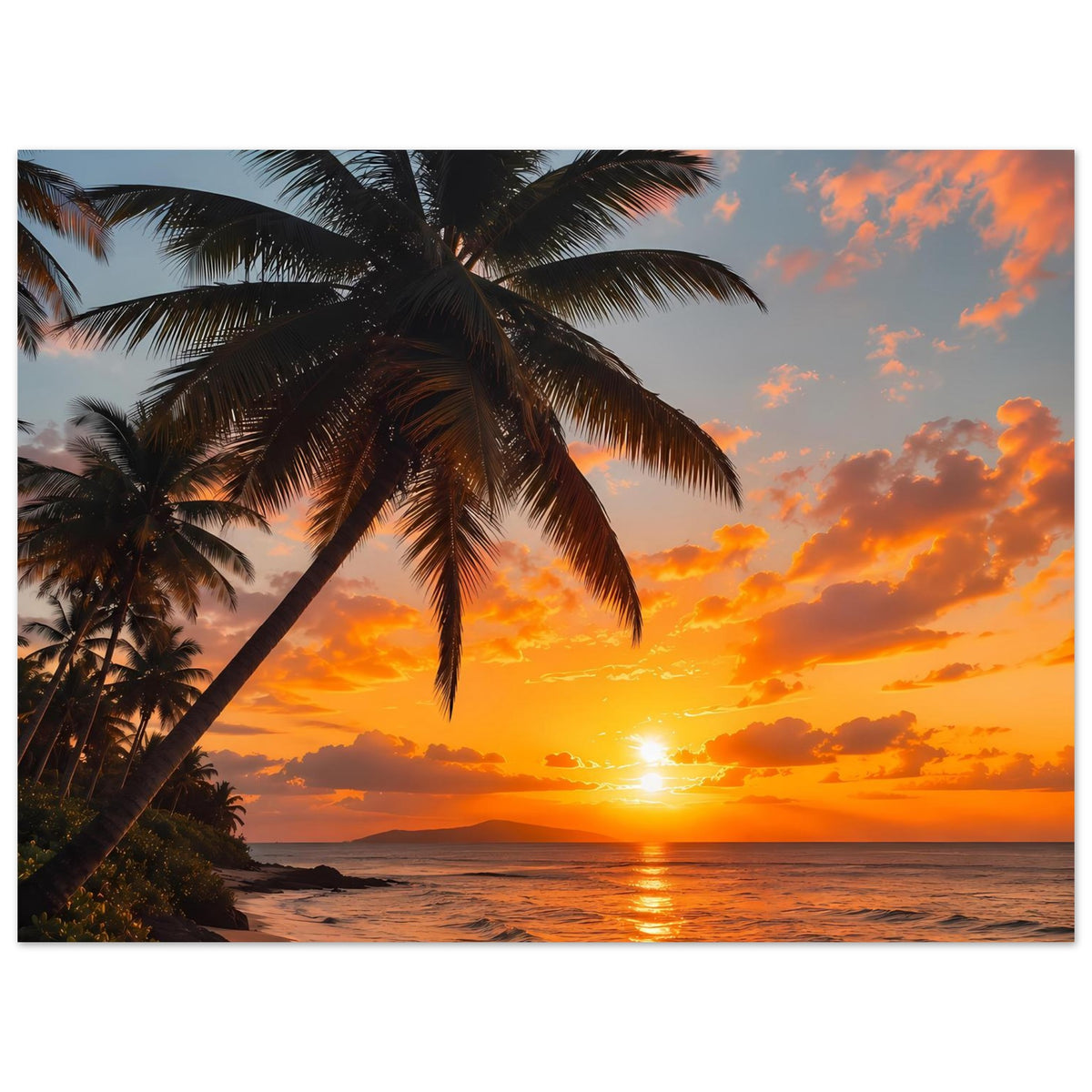 Querformatposter: Palmen über orangefarbenem Sonnenuntergang am Strand