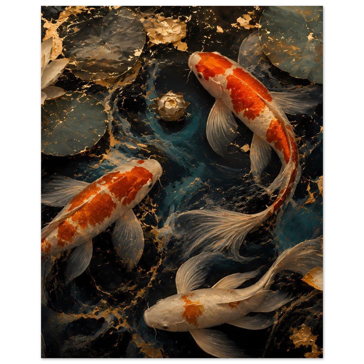 Koi-Fischkunstposter mit orange-weißen Karpfen und goldenen Steinen, kompakte Bildkomposition