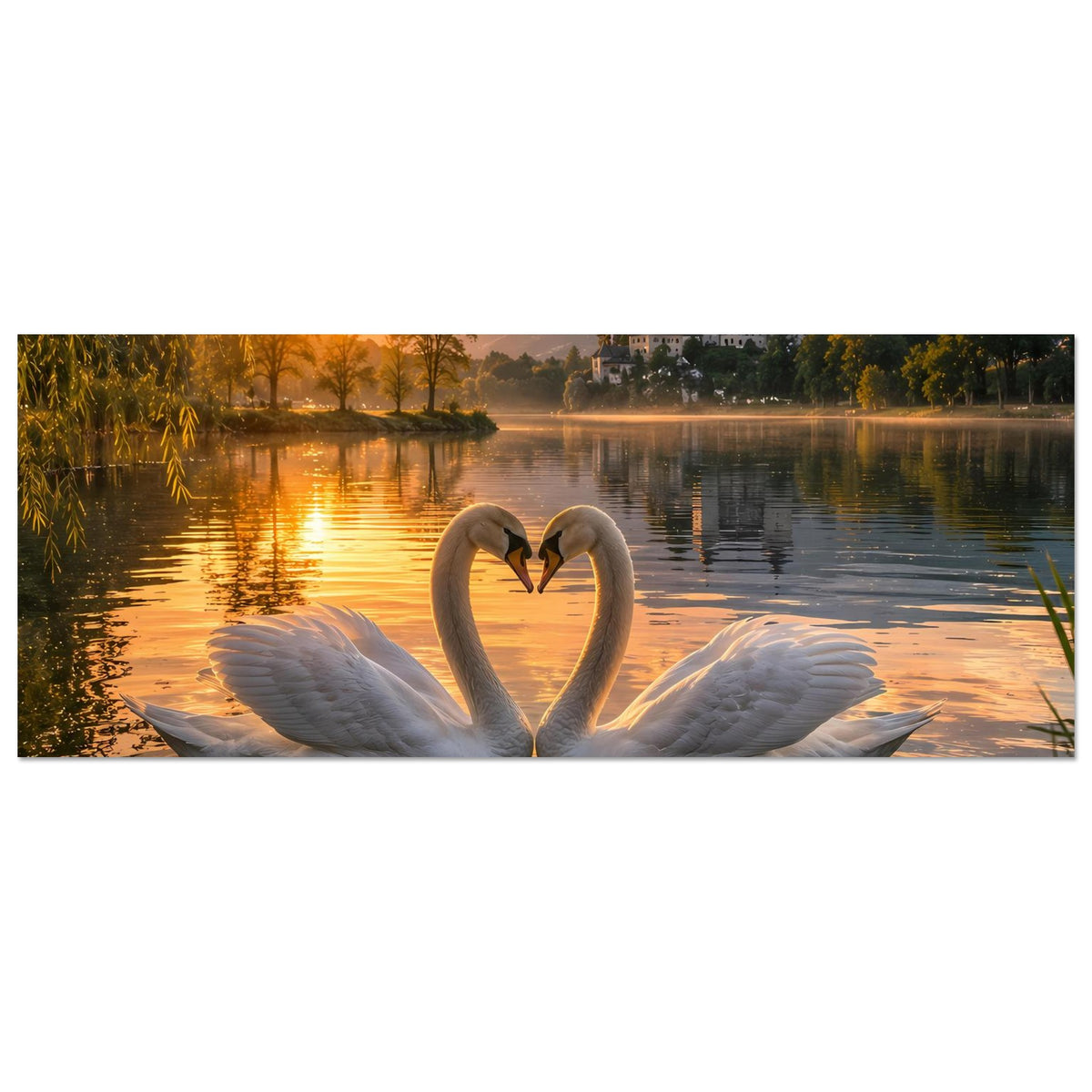 Querformat-Poster: Zwei Schwäne bilden ein Herz auf dem See, warmes Abendlicht