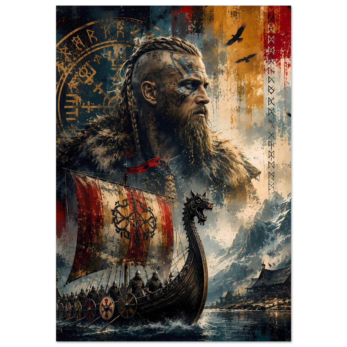 Wikinger-Legendenposter im Hochformat: Bartmann mit Runen, Flagge und Segelbooten