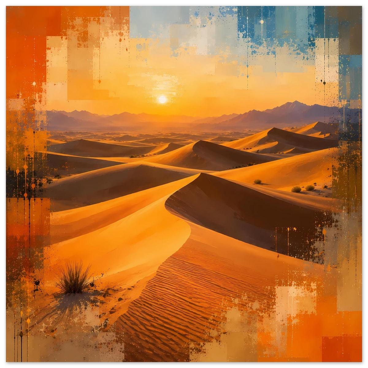 Wüstenlandschaft-Poster im Querformat: Dünen und Sandwellen, warme Erdtöne, Spritz-Textur
