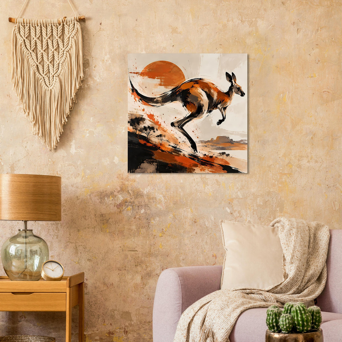 Wandposter mit Känguru-Illustration in warmen Erdtönen und kräftigen Farbspritzern