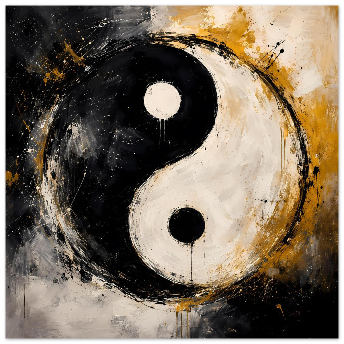 Abstraktes Yin‑Yang Poster, rundes Symbol in Schwarz, Weiß und Gold mit Spritzstruktur