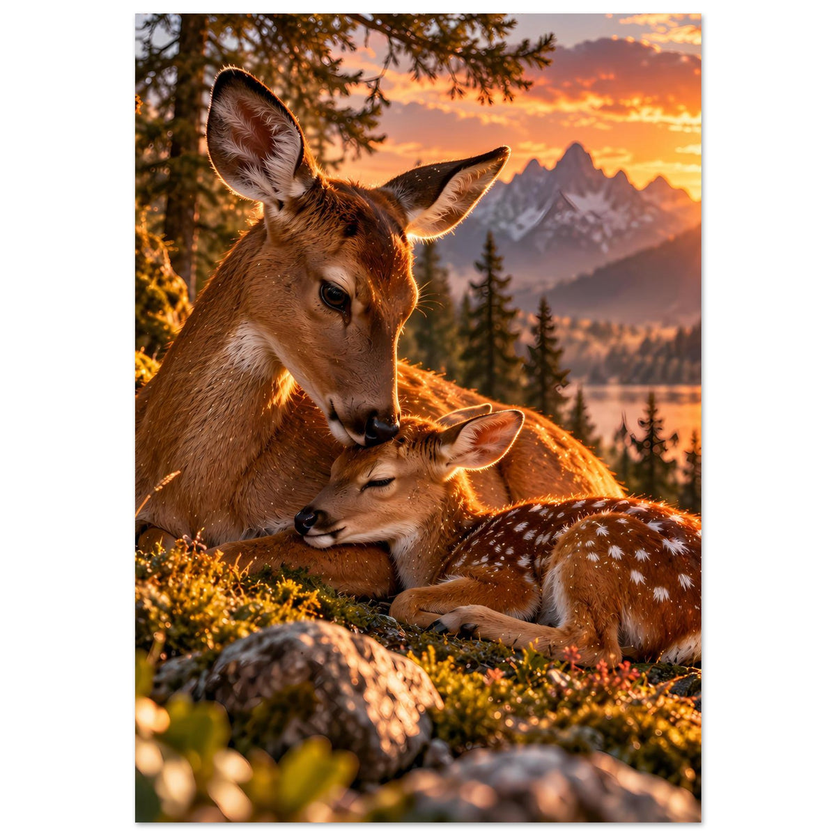 Hirsch-Motiv Poster: Reh mit Kitz auf Wiese, Sonnenuntergang am See, vertikal