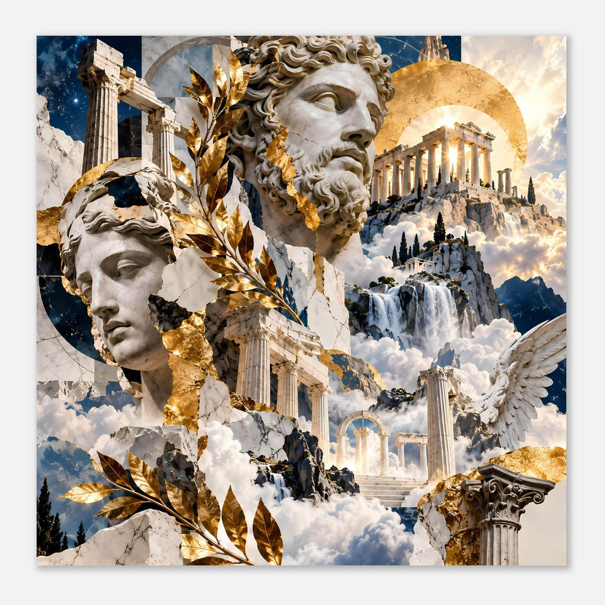 Poster mit griechischer Mythologie-Collage: antike Gesichter, Tempelsäulen, Flügel und goldene Akzente