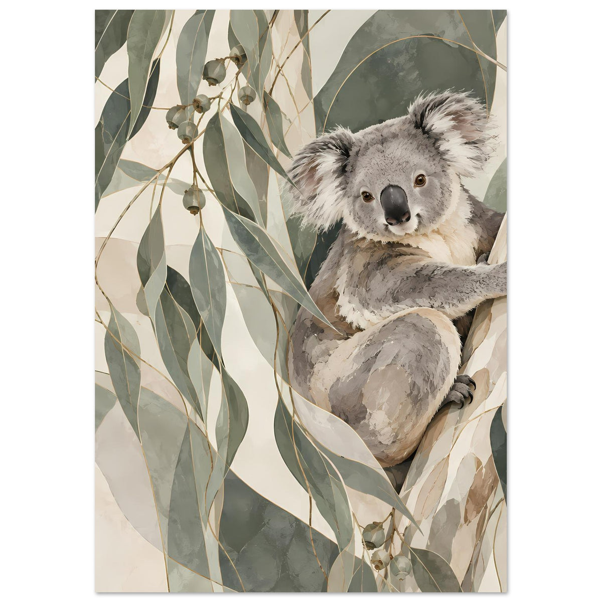 Koala-Porträtposter Hochformat mit Nahansicht von Koala-Kopf und Blättern in Erdtönen.