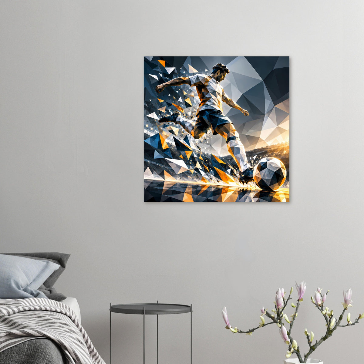 Kleines Fußballposter mit geometrischem Spieler im Lauf, blaue und orangefarbene Flächen