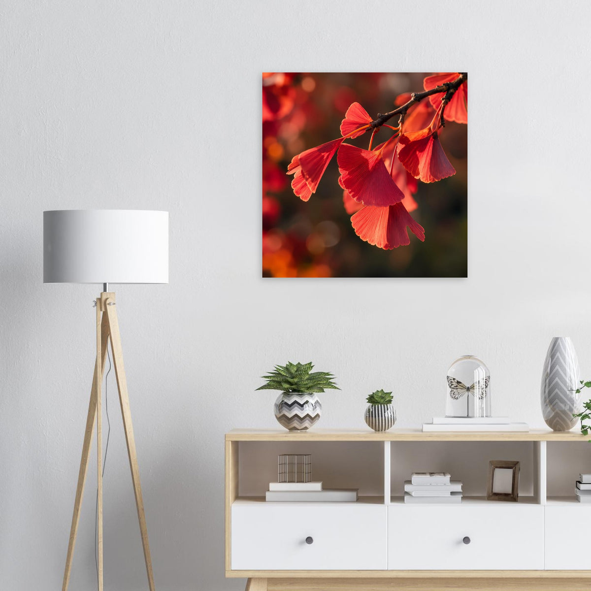 Quadratisches mattes Poster mit roten Ginkgoblättern, schwarze Einfassung