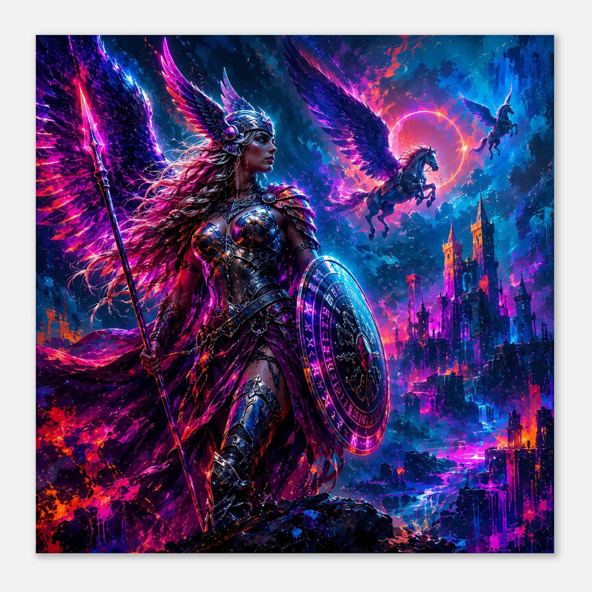 Fantasy-Poster: Valkyrie-Kriegerin mit Speer und Rundschild, Flügel und leuchtende Stadtlandschaft