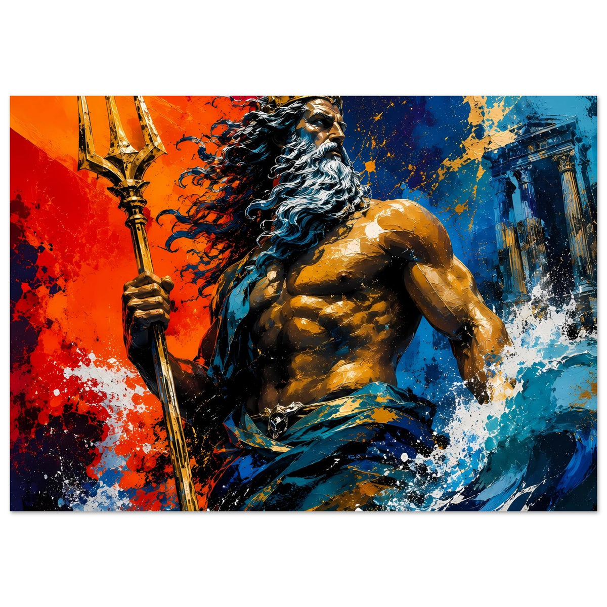 Kunstposter im Querformat: bärtiger Neptun mit Krone und Dreizack; dynamische Farbflecken.