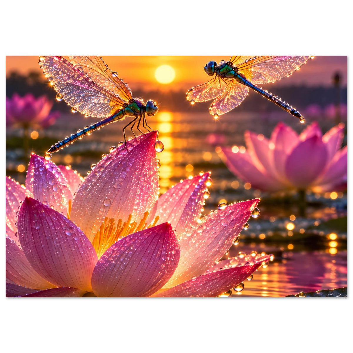 Poster mit zwei Libellen auf rosa Lotusblüten im goldenen Sonnenuntergang, ganzer Druck