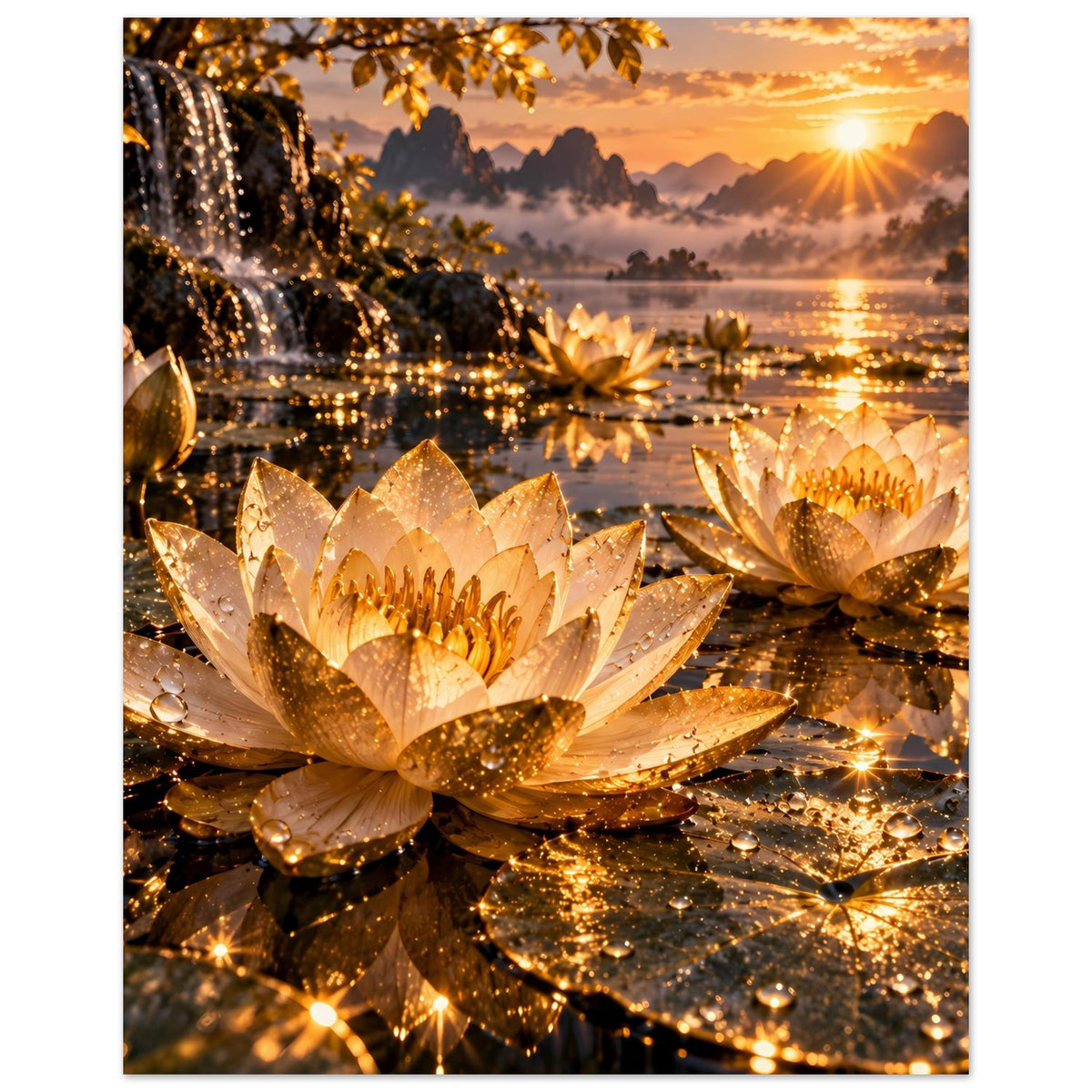 Hochformat-Poster mit goldenen Lotusblüten, Lichtfunken und sanftem See im Hintergrund