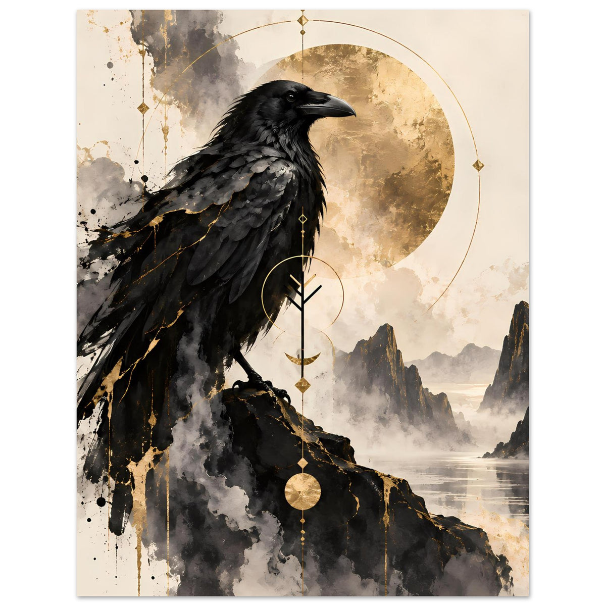 Vogelkunst-Poster mit schwarzem Raben auf dunklem Fels, goldene Kreiselemente sichtbar