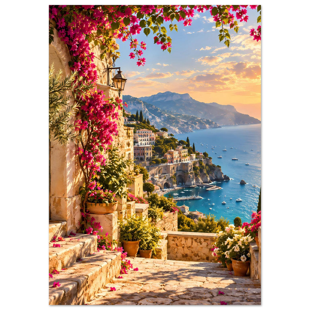 Vertikales Küstenlandschafts-Poster mit Sonnenuntergang, mediterranen Mauern und bunten Blüten