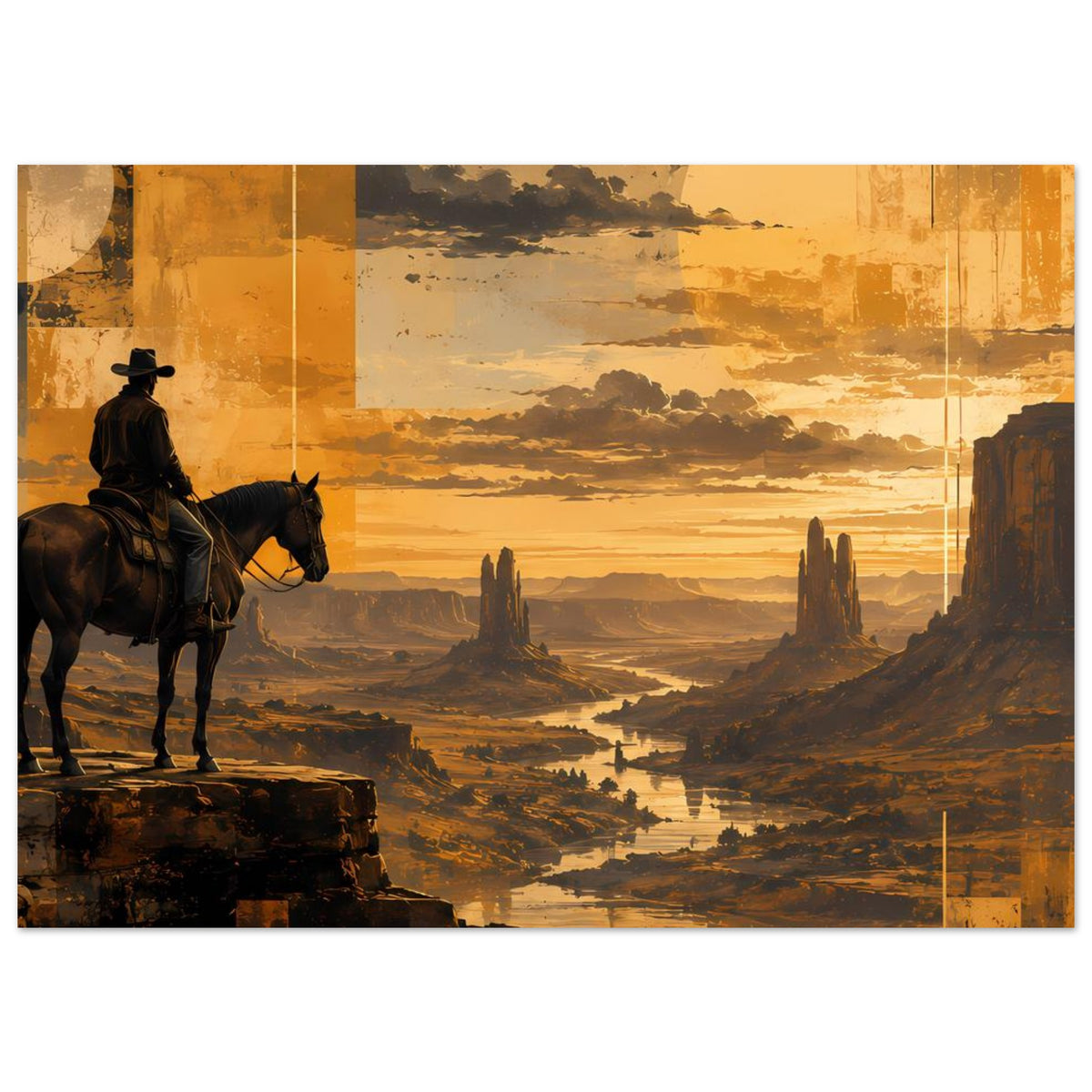Horizontales Poster: Cowboy auf Pferd vor Wüstenlandschaft, goldener Sonnenuntergang mit Wolken und Felsnadeln