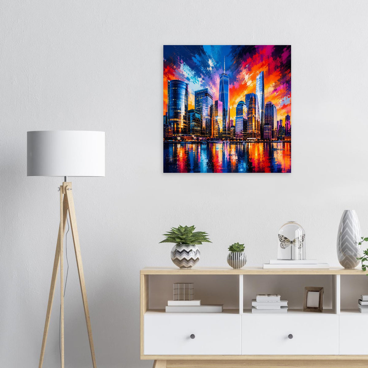 Poster zeigt City-Skyline mit farbigen Wolken und Spiegelung im dunklen Wasser, quadratisch.
