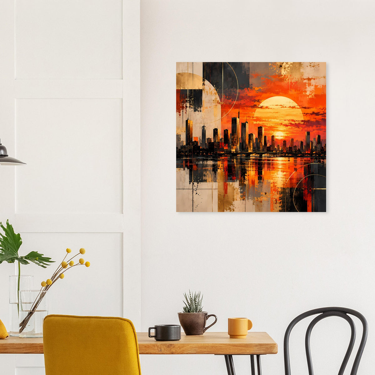 Quadratisches Poster mit Stadt-Silhouette im orangefarbenen Sonnenuntergang, mit Spiegelung