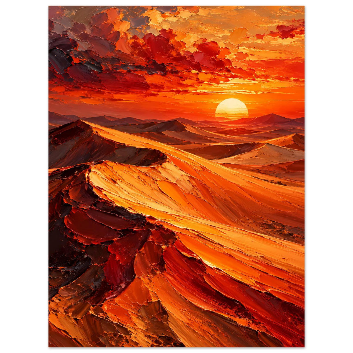 Poster mit Wüstenlandschaft im Hochformat: orange Sonne, breite Dünenkämme in Rot und Orange