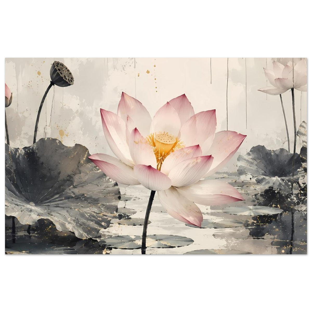 Zen-Poster mit rosa Lotusblüte auf grauem Wasser, abstrakte Landschaft
