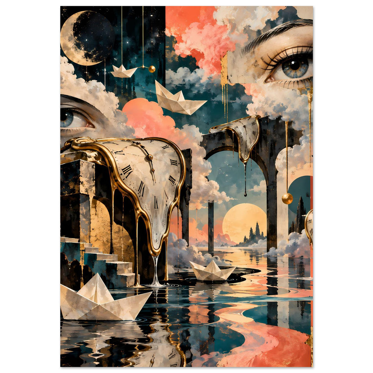 Surreales Kunstposter, vertikal: goldene schmelzende Uhr, Augen, Wolken und Bootspapier