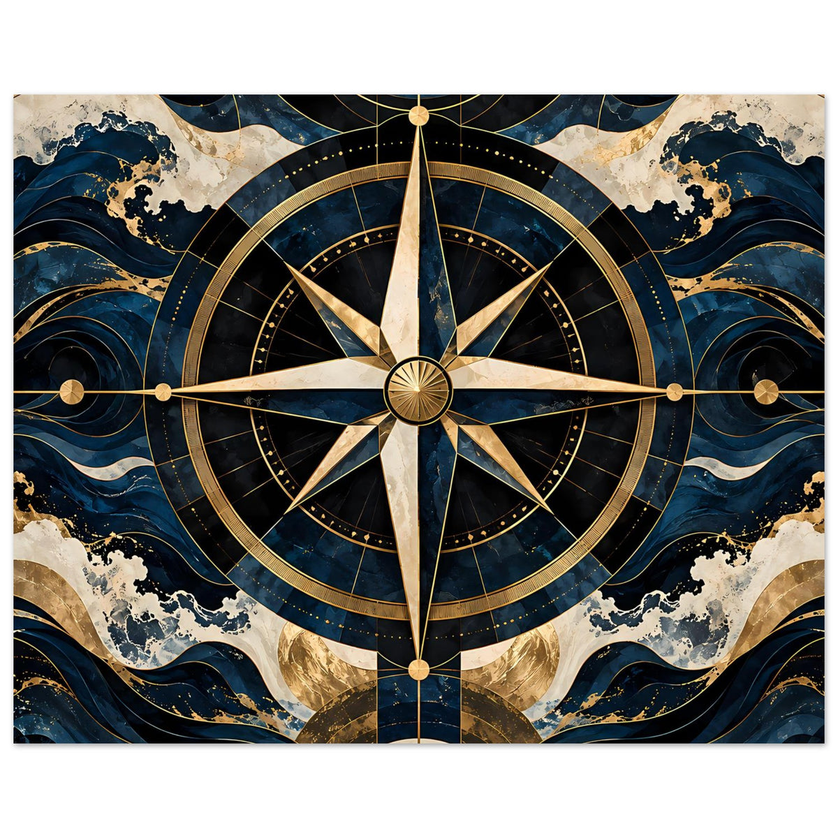 Maritimes Navigationsposter (horizontal): zentrierte Kompassrose mit goldenem Kreis und Strahlen