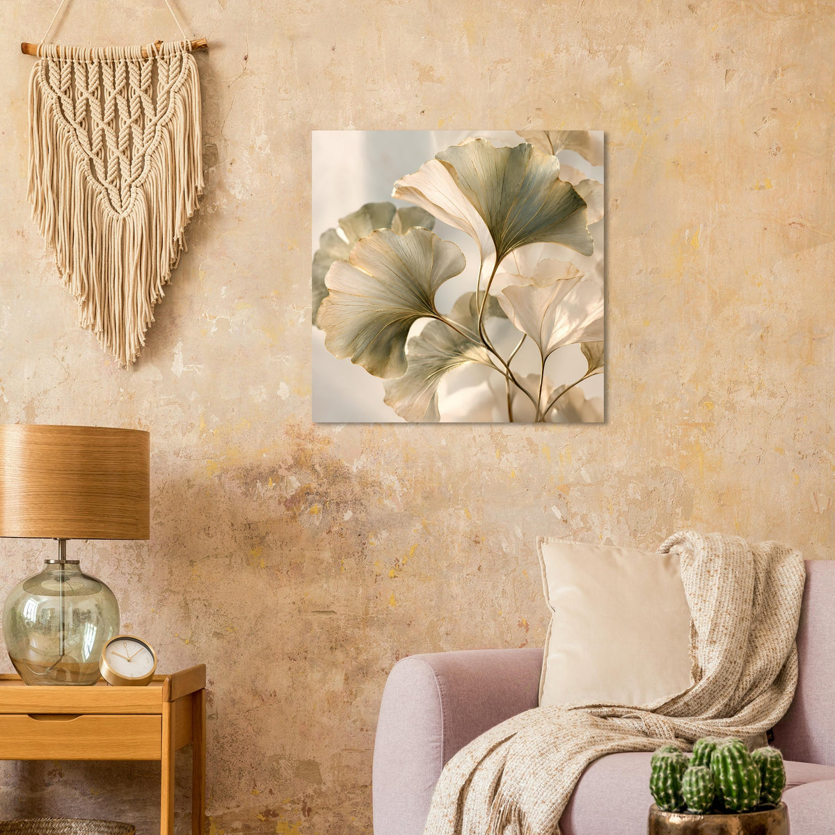Quadratisches Poster mit botanischem Blättermotiv in Creme- und Goldtönen