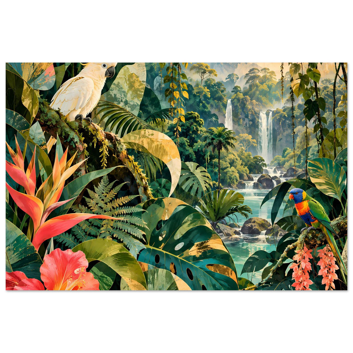 Wandposter mit Papageienmotiv, tropischen Blättern, Wasserfall und leuchtenden Farben
