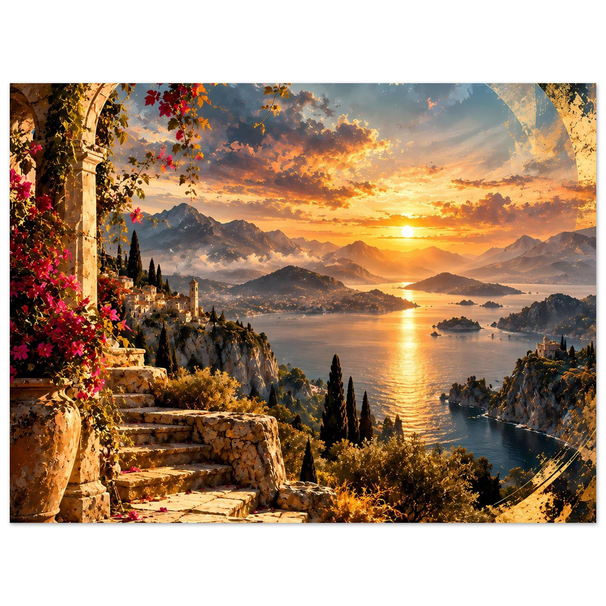 Küstenposter mit Sonnenuntergang, goldener Meereslinie, Bergen und Zypressen am Ufer
