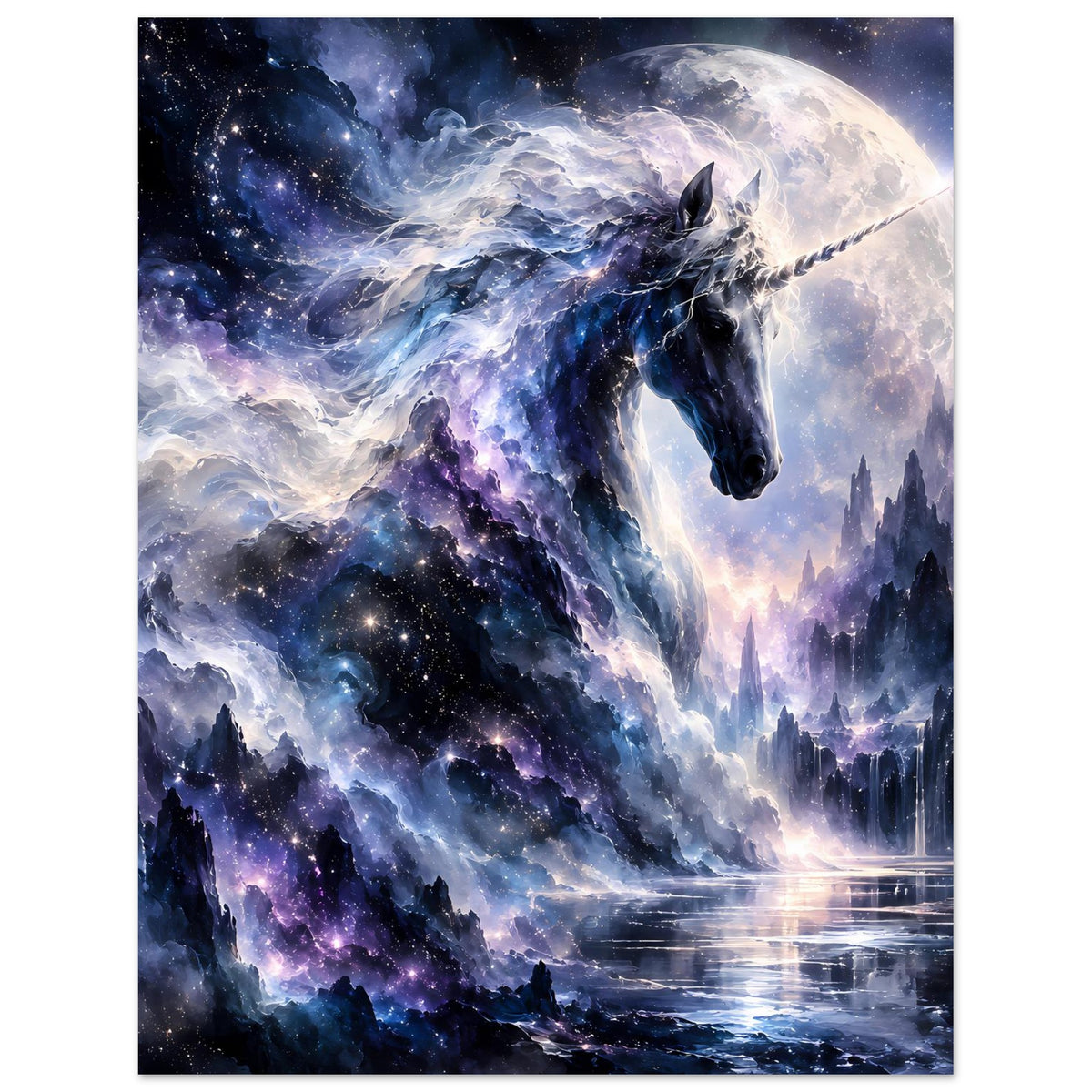 Unicorn-Galaxieposter: blaues Einhorn mit funkelnden Sternen, Mondlicht und Dünen am Wasser