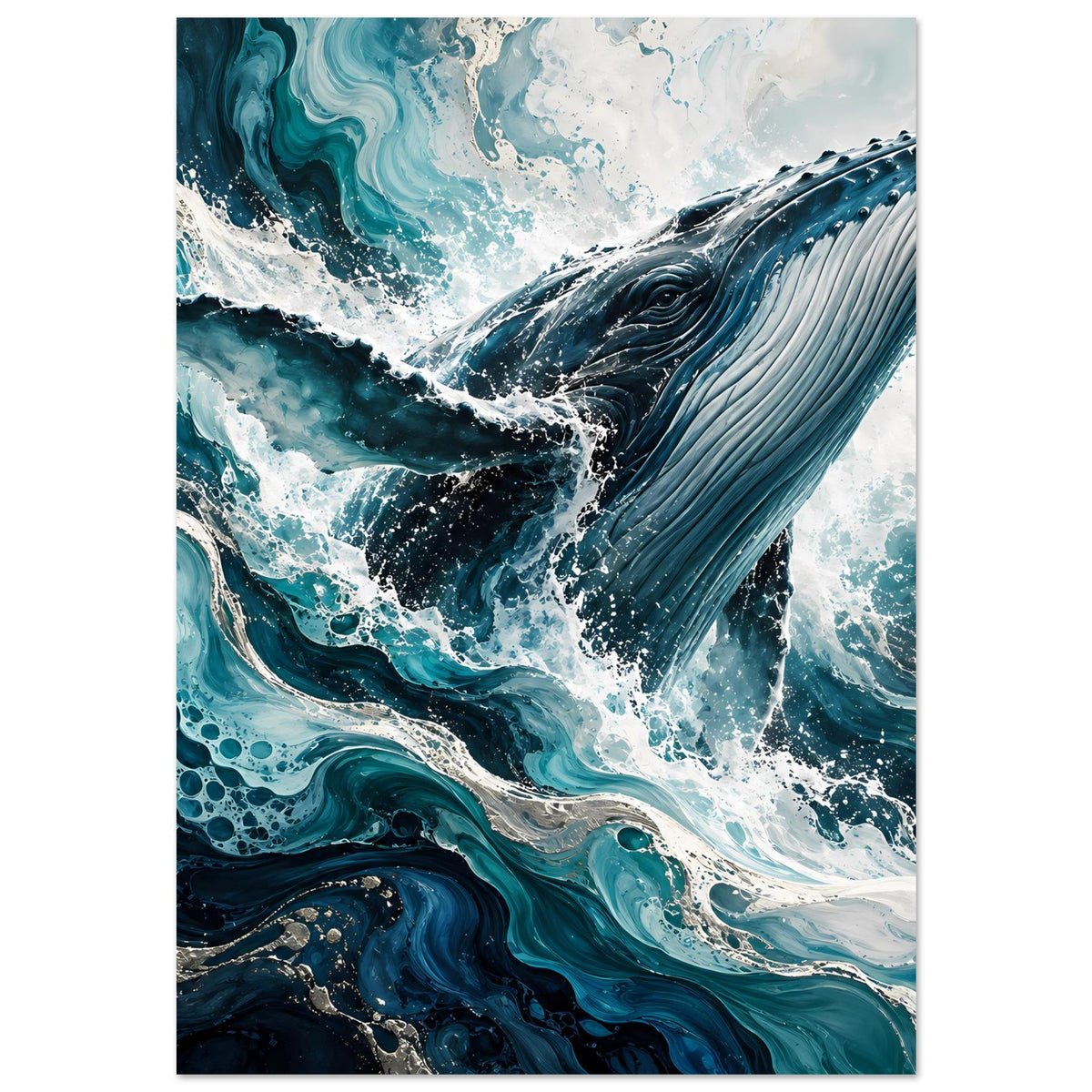 Kunstposter mit Wal im Sturmwasser, kräftige Blau- und Tealtöne mit Gischt