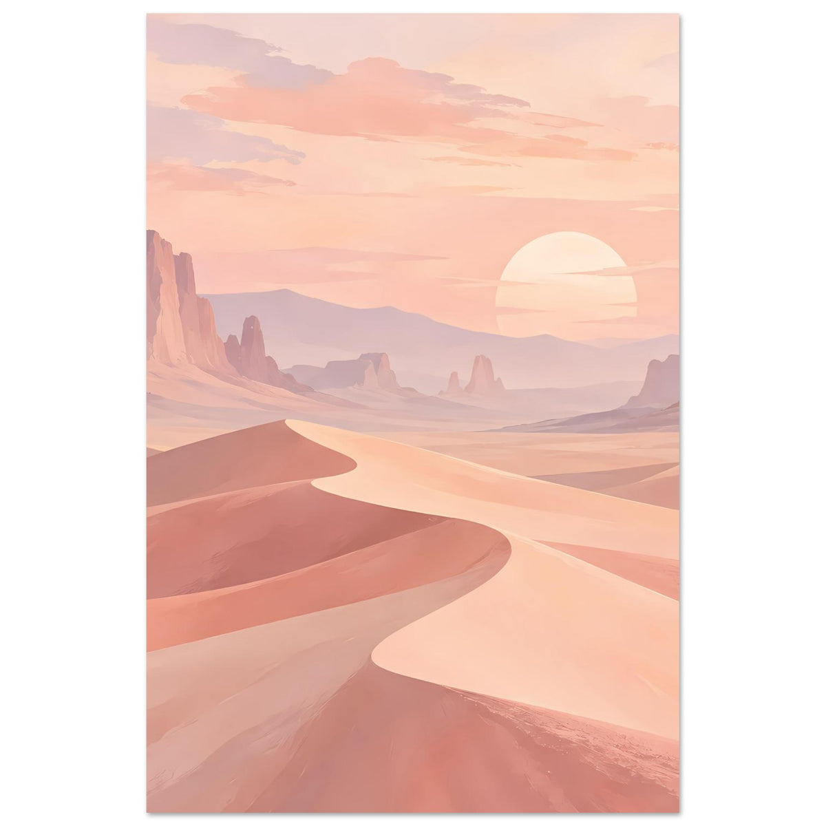 Vertikales Wandposter mit Sanddünen, Bergsilhouetten und halber Sonne am Horizont
