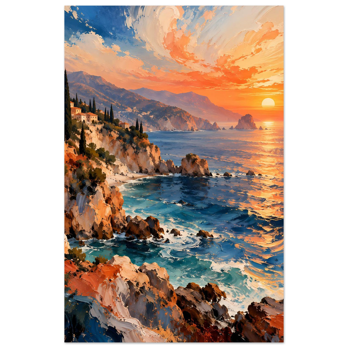 Küstenlandschafts-Poster im Hochformat: orangefarbener Sonnenuntergang über dem Meer