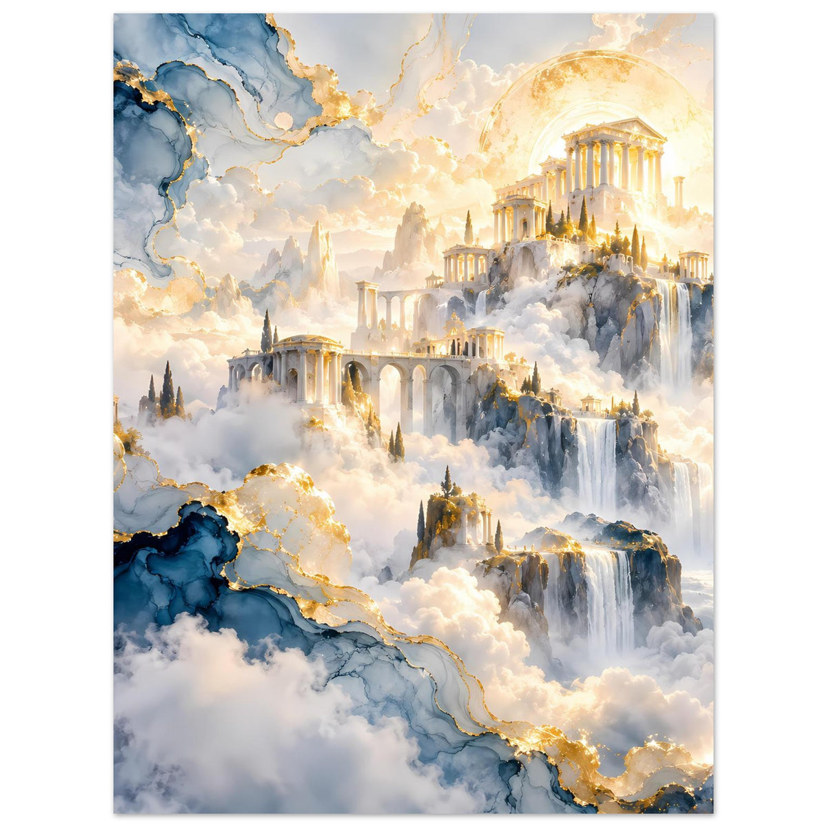 Kunstposter im Hochformat mit goldenen Gebäuden, Wasserfällen und blauen Wolkenformationen