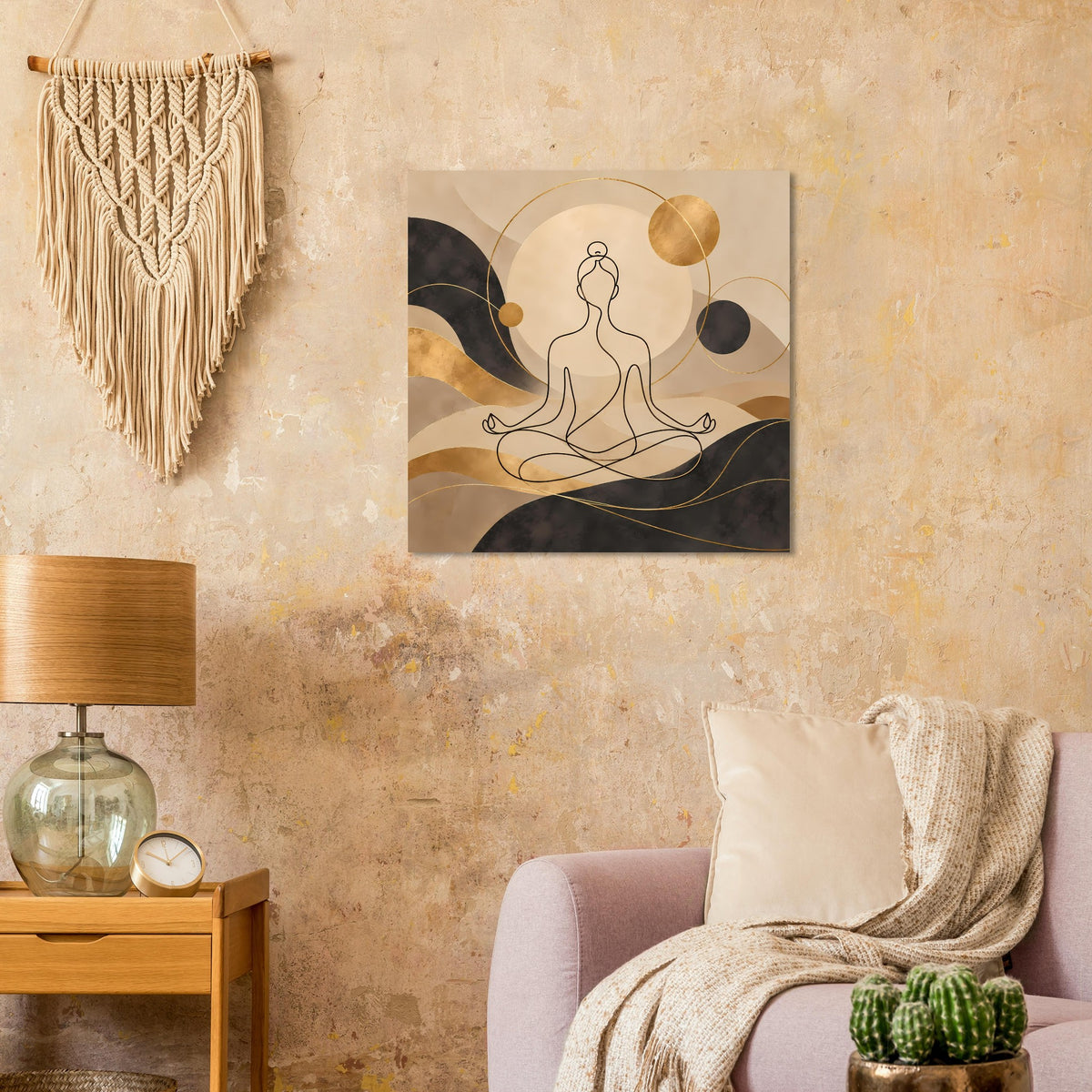 Goldener Kunstdruck: sitzende Meditationsfigur mit Kreisen, Linien und schwarzen Akzenten