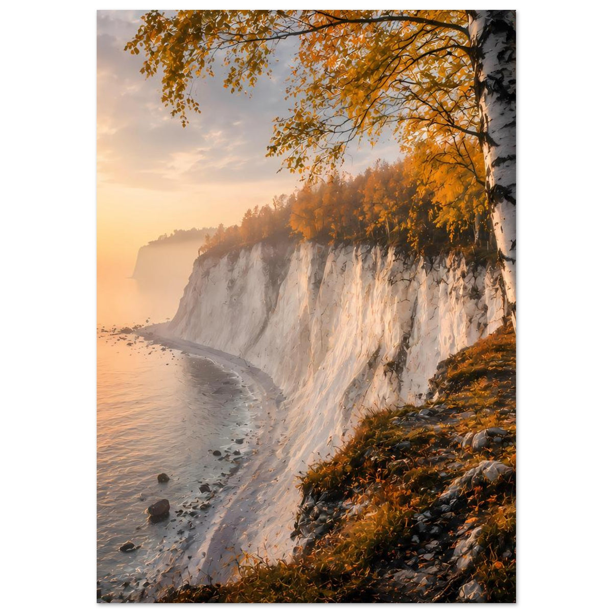 Poster: Steilküste am Meer mit Birkenkrone und herbstlichen Farben, Sonnenuntergang