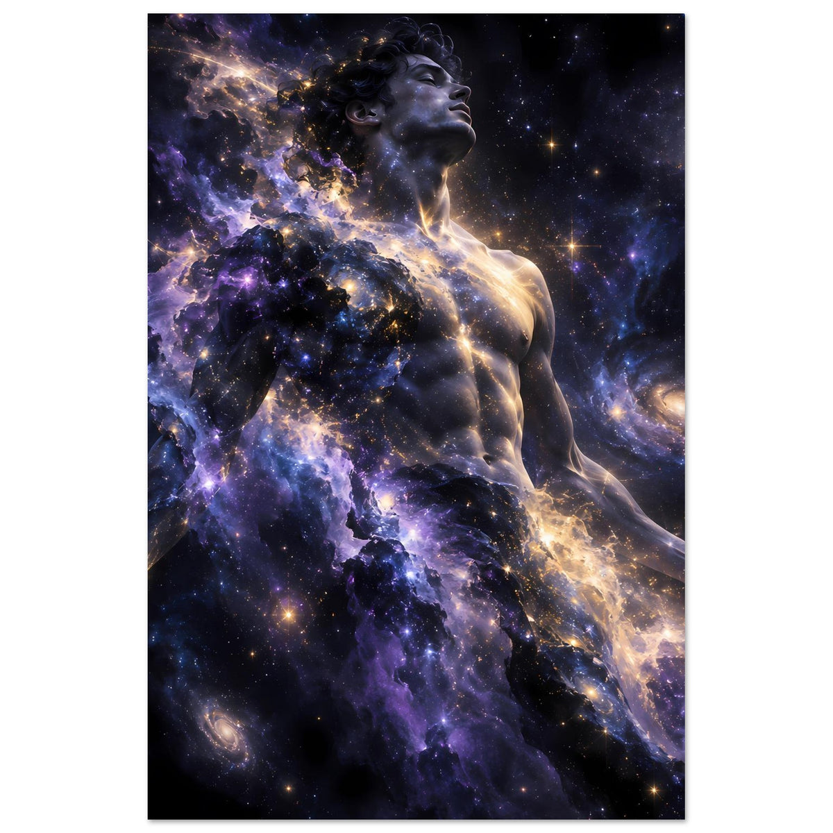 Vertikales Kosmos-Poster: weibliche Figur im Sternenhimmel mit goldener Lichtspur