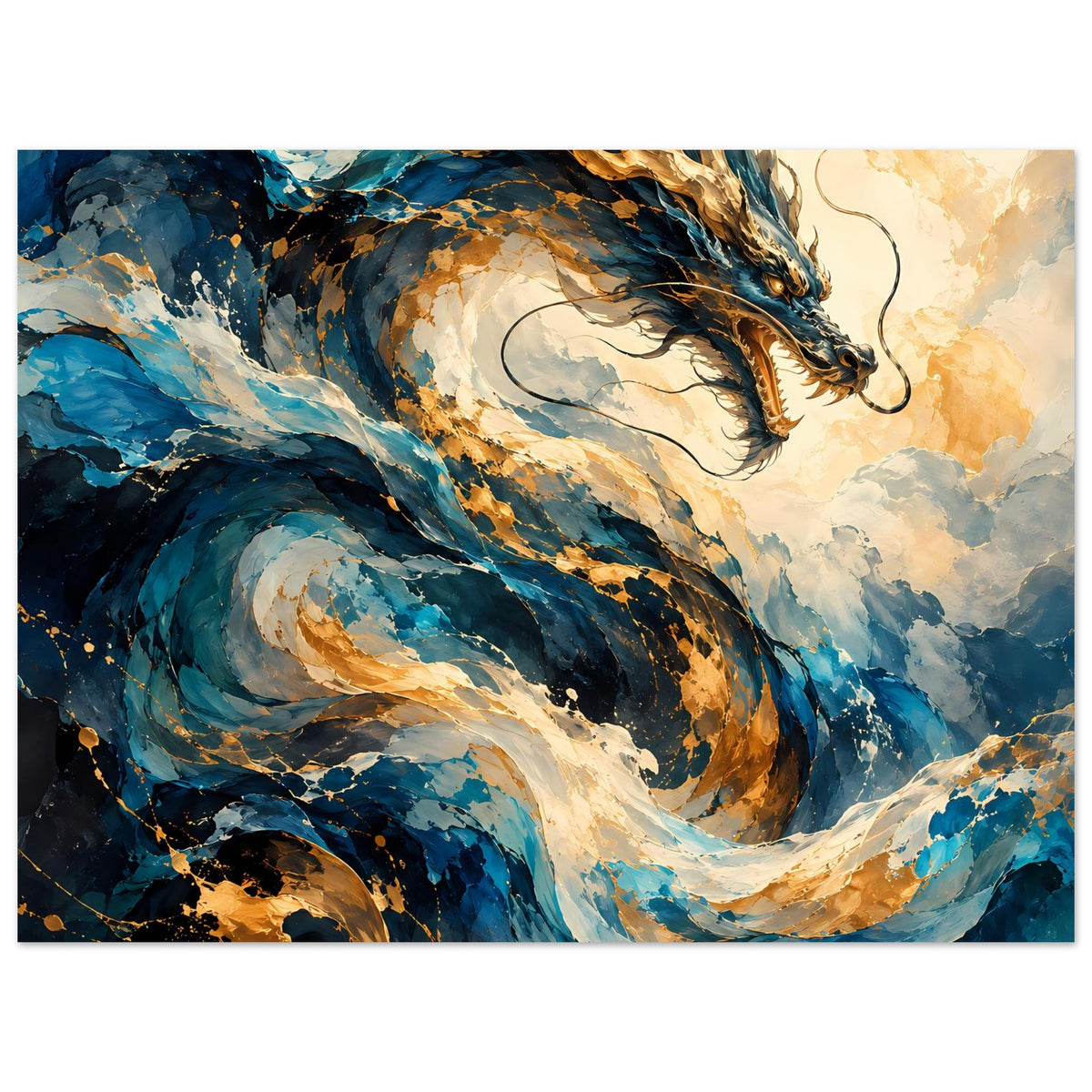 Fantasy-Poster mit blauem Drachen, goldumrandetem Blick, aufgewirbelten Farbschwüngen